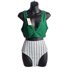 Beachsissi Striped V-Neck Bikini Set Green White Two Pieces Swimsui SZ XL NWT